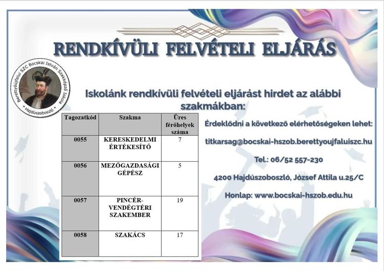 Rendkívüli felvételi eljárás 2026/2027.tanévre