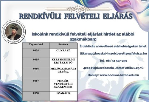 Rendkívüli felvételi eljárás 2025/2026.tanévre